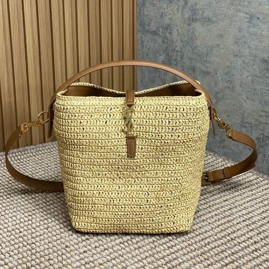 le 37 woven raffia 20cm brown calfskin