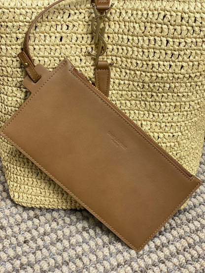 le 37 woven raffia 20cm brown calfskin