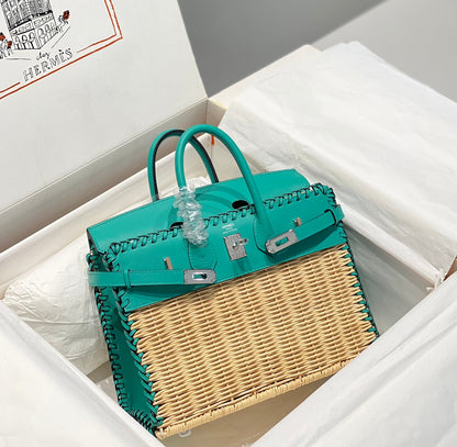 HM BIRKIN 25 CM PICNIC TURQUOISE BAMBOO AND RATTAN