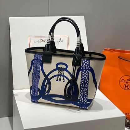 HM Steeple 28 Bag Black Calfskin White Blue Canvas