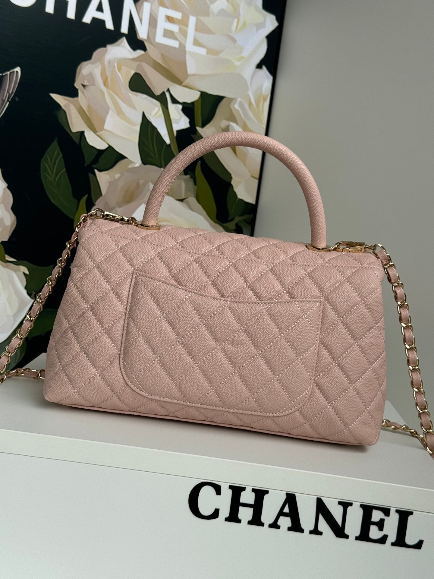 coco handle medium 29cm pink quilted caviar leather gold hardware