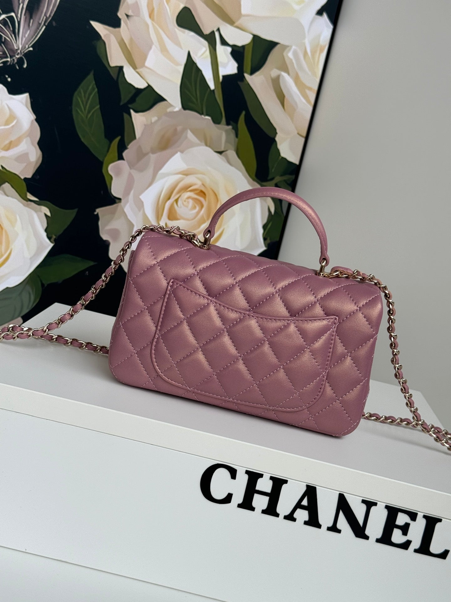 24c mini flap bag 20cm with top handle pink violet calfskin