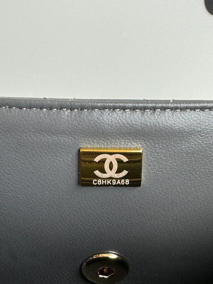 24c mini flap bag 20cm with top handle grey patent calfskin