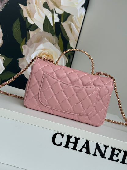 24c mini flap bag 20cm with top handle pink lambskin
