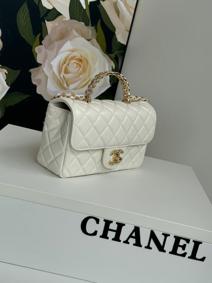 24c mini flap bag 20cm with top handle white lambskin