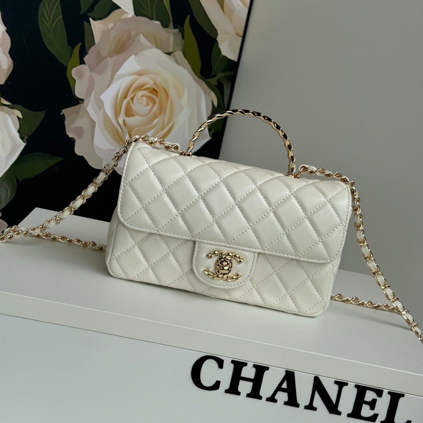 24c mini flap bag 20cm with top handle white lambskin