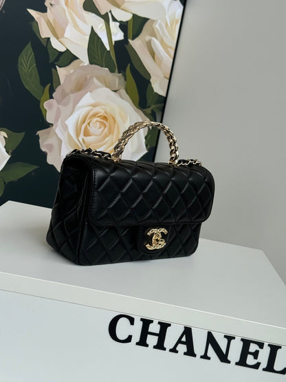 24c mini flap bag 20cm with top handle black lambskin