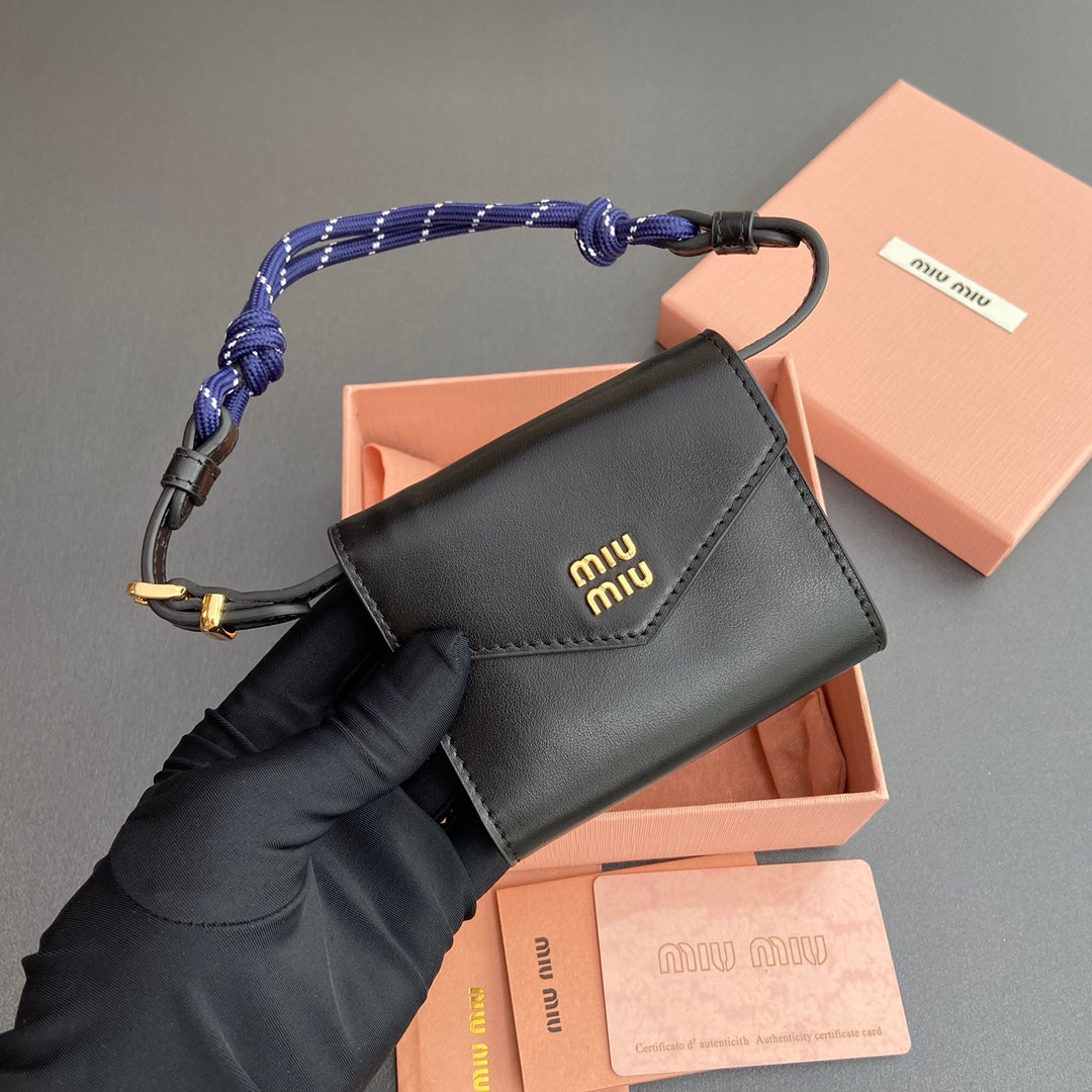 Miu Logo Wallet On A Chain 10.5 Lettering Black Calfskin 240406