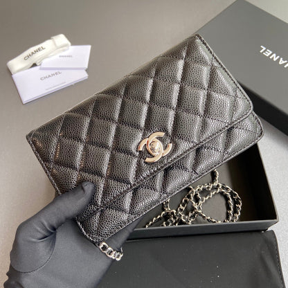 CC Wallet On Chain 20cm Black Caviar Leather Light Gold Hardware 240162