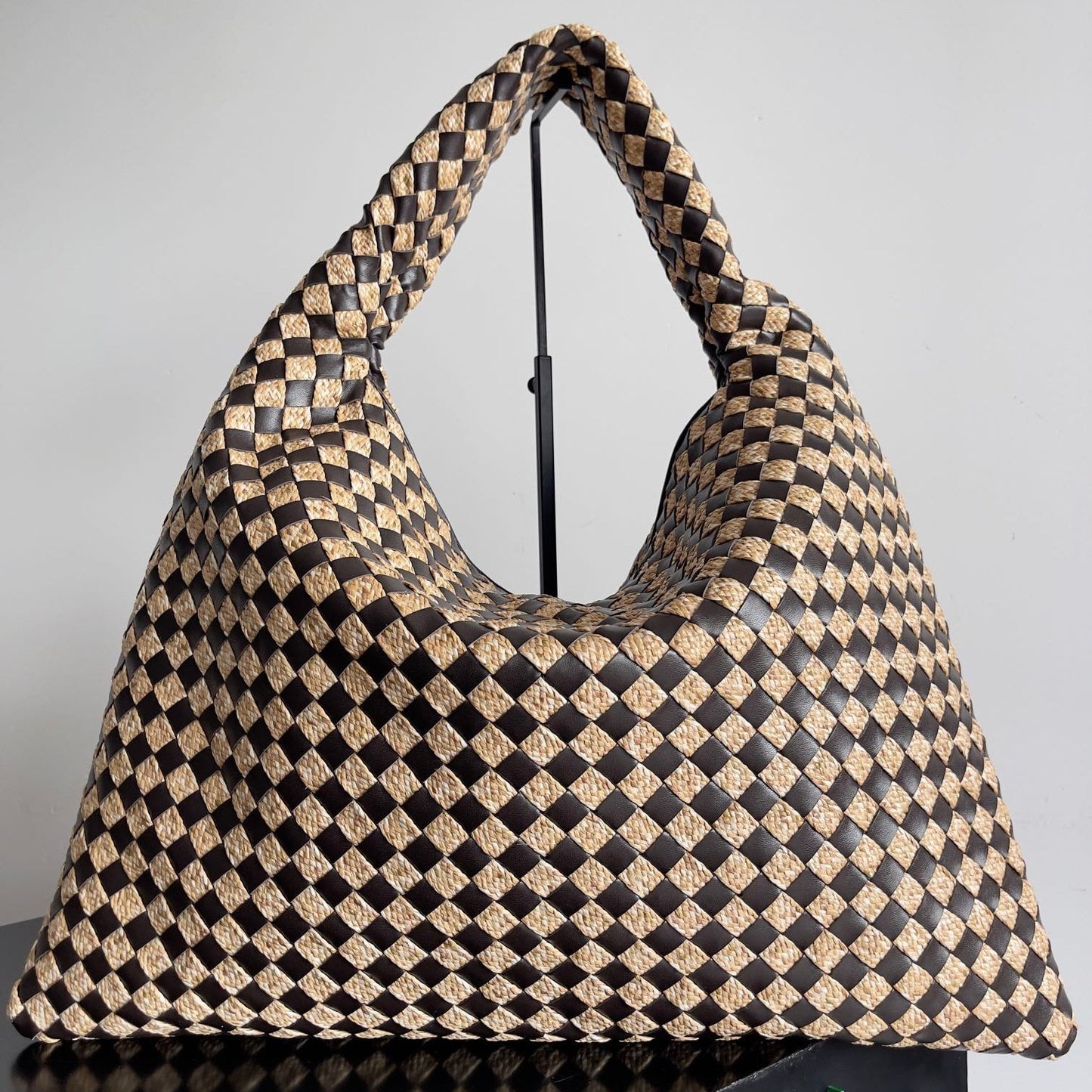 BV Large Hop 54 Chocolate Cowhide Mix Beige Raffia 209070