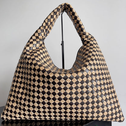 BV Large Hop 54 Chocolate Cowhide Mix Beige Raffia 209070