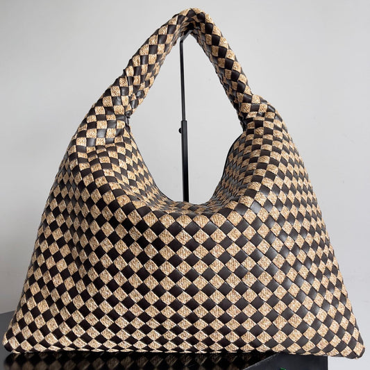 BV Large Hop 54 Chocolate Cowhide Mix Beige Raffia 209070