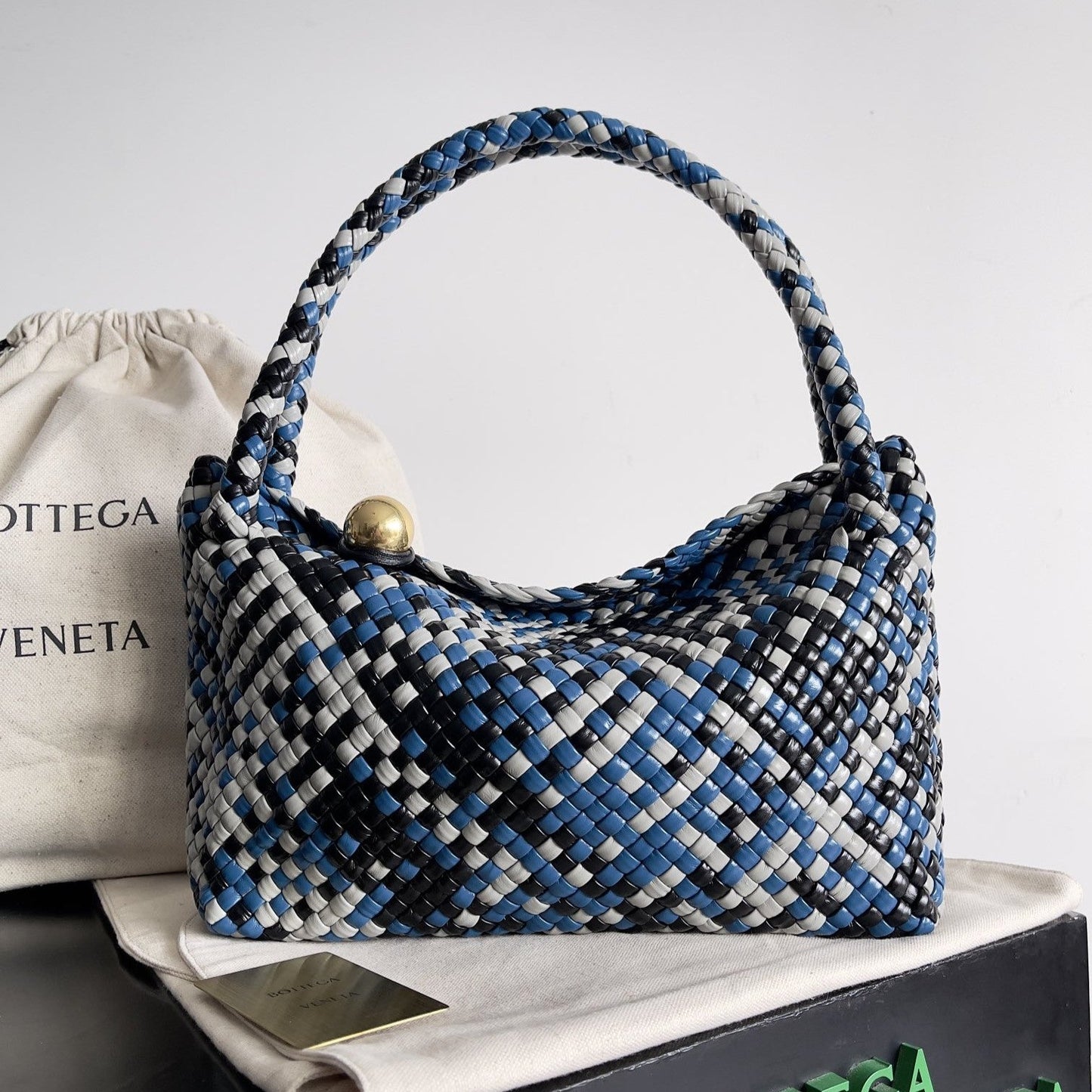 BV Tosca 27 Bag In Blue Mix Black Mix White Calfskin 209077 Best Version