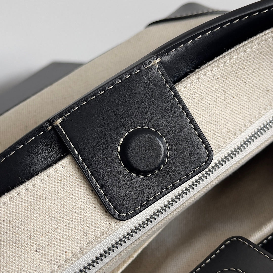 BV Small Andiamo 25 In Beige Canvas Black Calfskin 209015