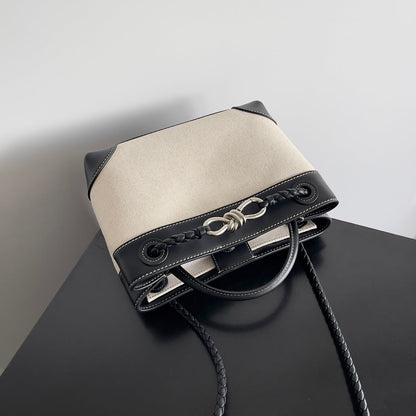 BV Small Andiamo 25 In Beige Canvas Black Calfskin 209015