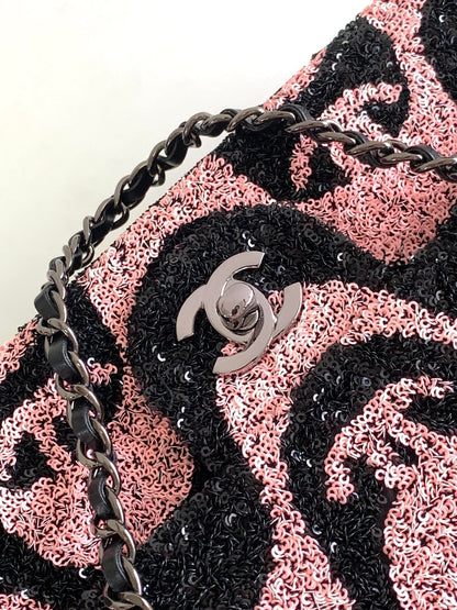 flap bag medium 25 black pink sequin silver hardware