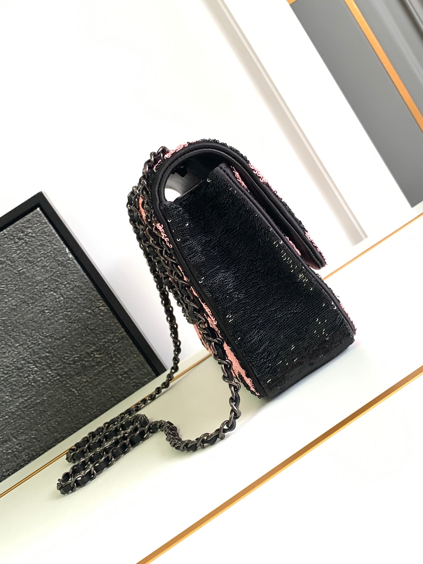 flap bag medium 25 black pink sequin silver hardware