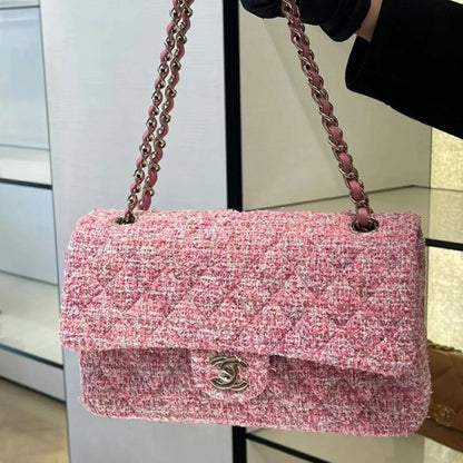 flap bag medium 25 pink tweed silver hardware