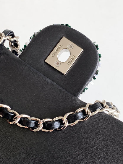 flap bag medium 25 black white sequin silver hardware