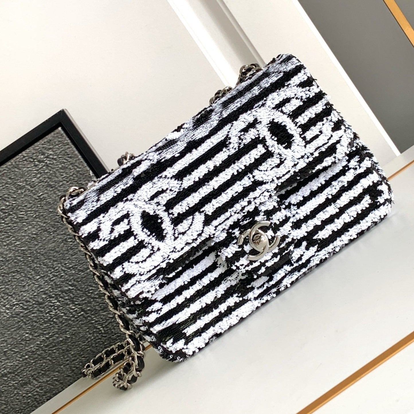 flap bag medium 25 black white sequin silver hardware