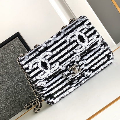 flap bag medium 25 black white sequin silver hardware