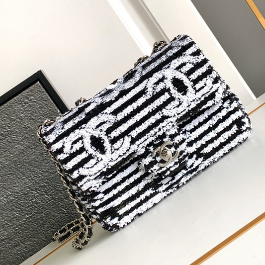 flap bag medium 25 black white sequin silver hardware