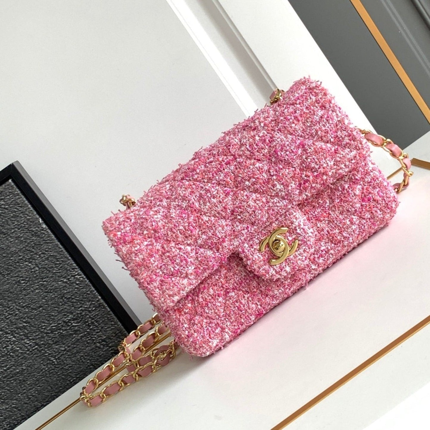 flap bag mini 20 pink tweed silver hardware