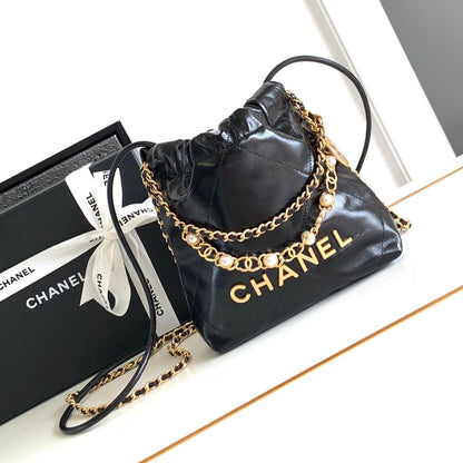 24a cc 22 hobo bag 20cm black lambskin pearl gold hardware