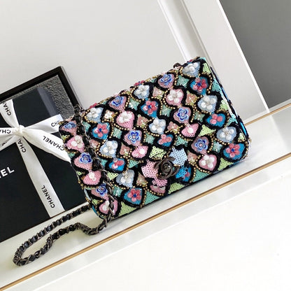 CC 24a Flap Bag 20cm Sequin Satin Black Hardware