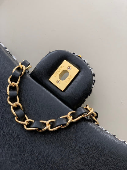 Flap Bag Mini 20cm Black White Tweed Sequin