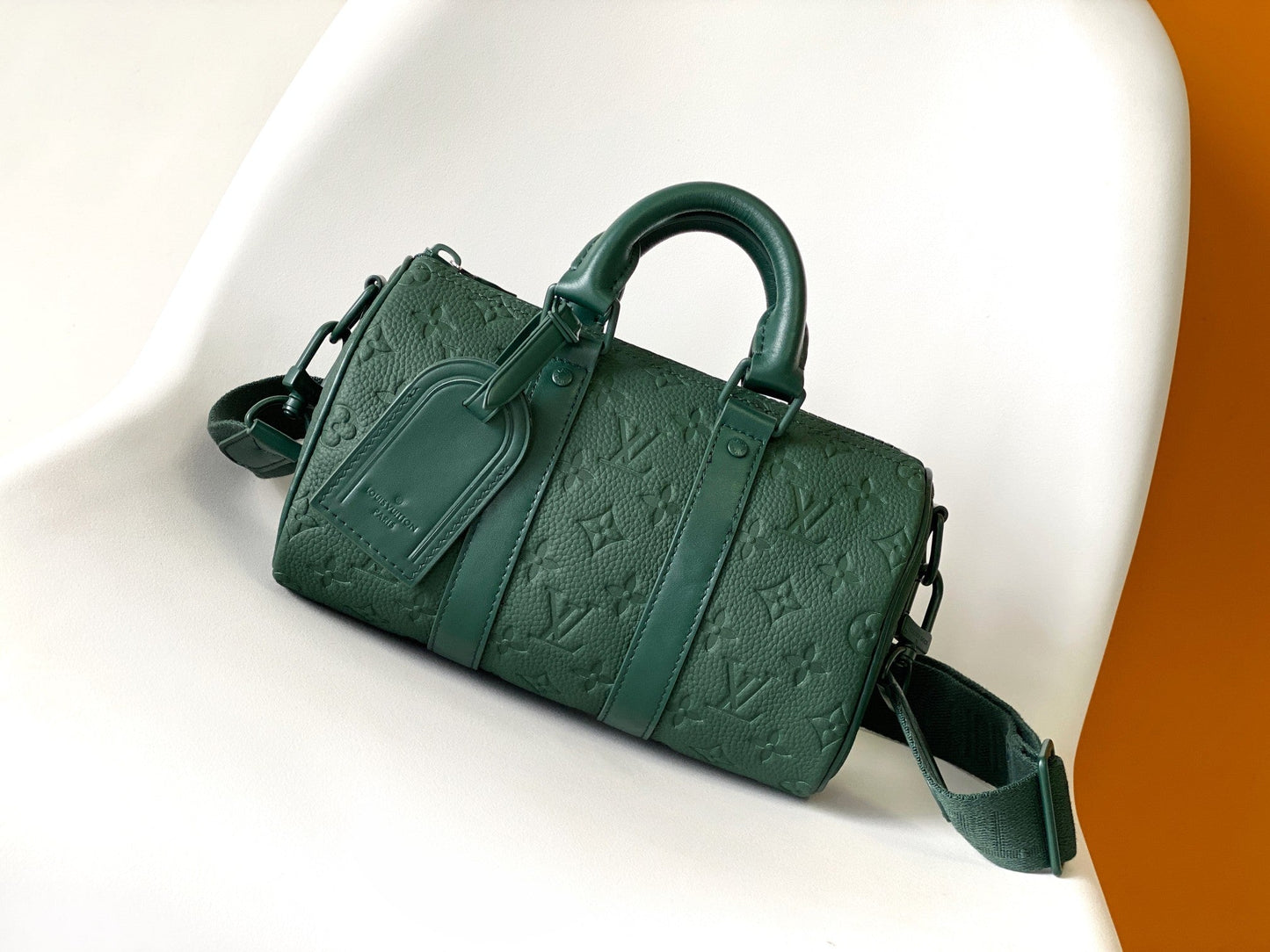 KEEPALL BANDOULI¨¨RE 25 IN FOREST GREEN MONOGRAM EMBOSSED CALFSKIN