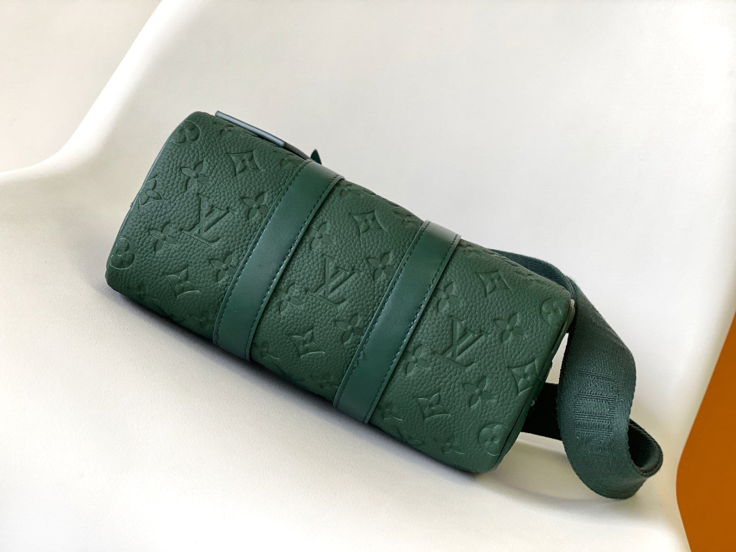 KEEPALL BANDOULI¨¨RE 25 IN FOREST GREEN MONOGRAM EMBOSSED CALFSKIN