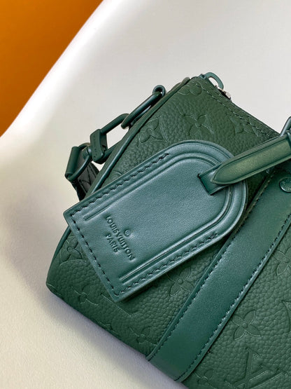KEEPALL BANDOULI¨¨RE 25 IN FOREST GREEN MONOGRAM EMBOSSED CALFSKIN