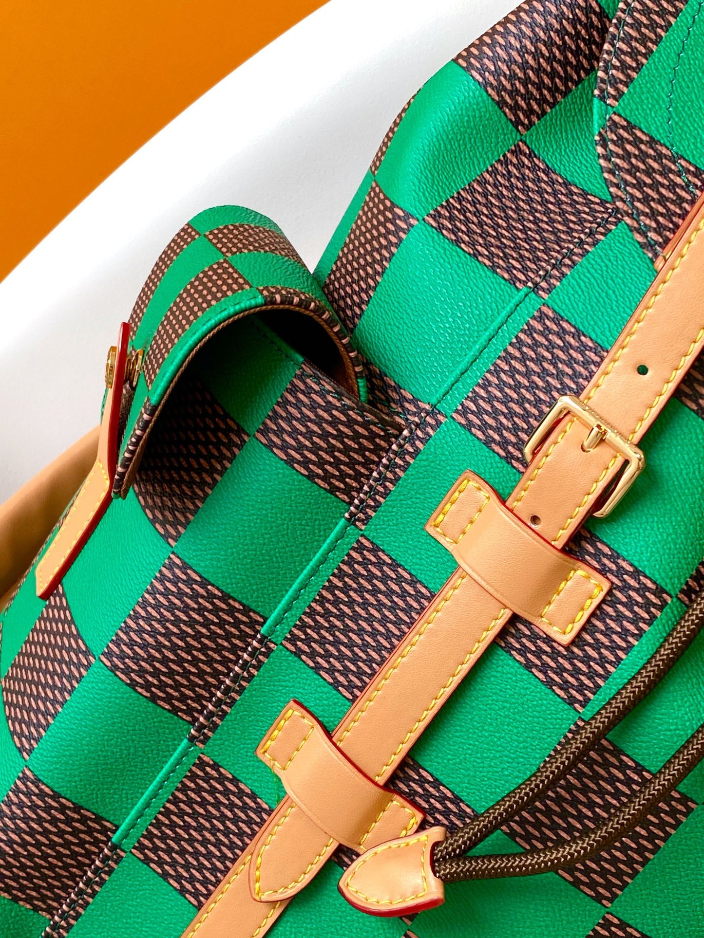 CHRISTOPHER BACKPACK 47 IN BROWN GREEN DAMIER POP COATED CANVAS