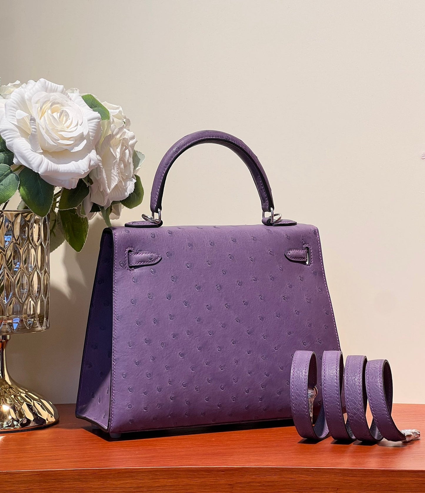 KELLY SELLIER 25 BAG IN ROYAL PURPLE OSTRICH LEATHER WITH SILVER HARDWARE (MADE - TO - ODER)