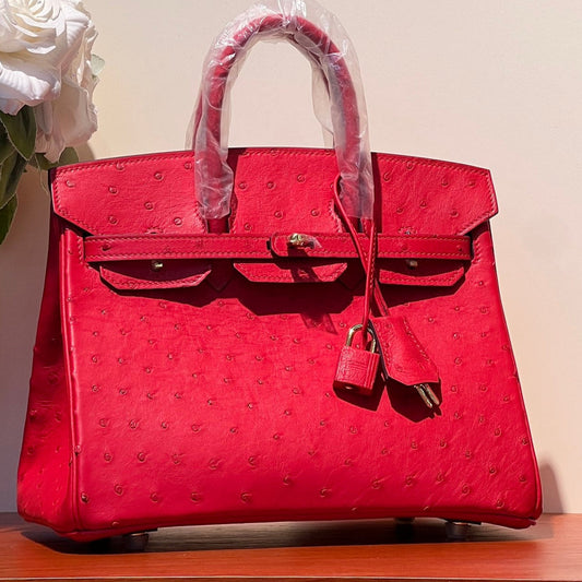 KELLY SELLIER 25 BAG IN CLASSIC RED OSTRICH LEATHER WITH GOLD HARDWARE (MADE - TO - ODER)