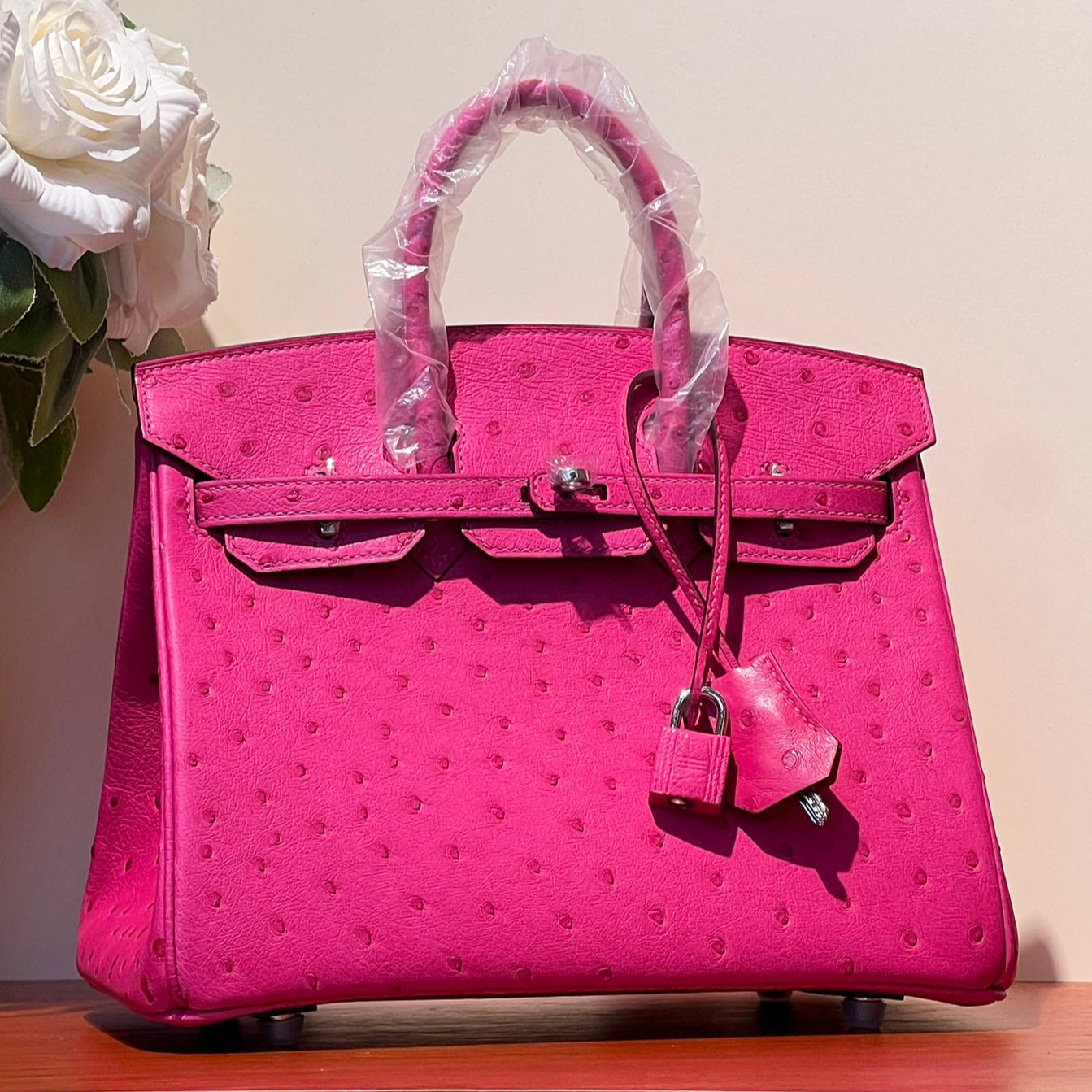 KELLY SELLIER 25 BAG IN BRIGHT PINK OSTRICH LEATHER WITH SILVER HARDWARE (MADE - TO - ODER)