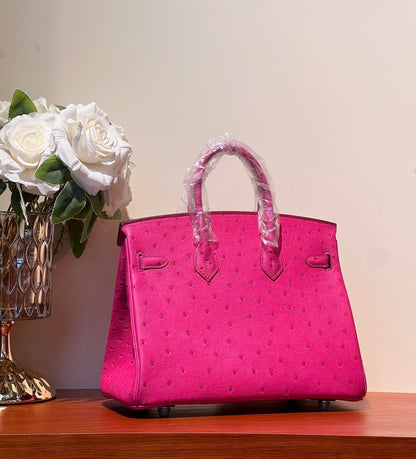 KELLY SELLIER 25 BAG IN BRIGHT PINK OSTRICH LEATHER WITH SILVER HARDWARE (MADE - TO - ODER)