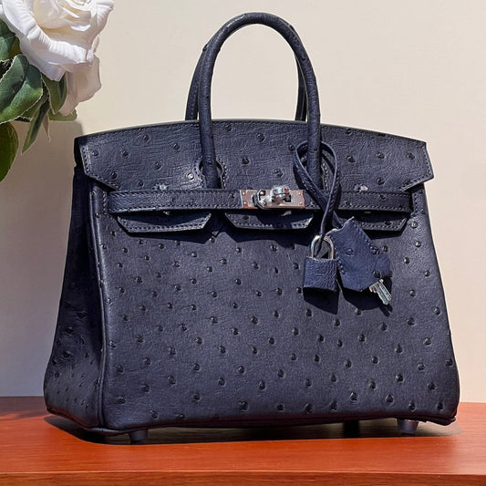 KELLY SELLIER 25 BAG IN SPACE BLUE OSTRICH LEATHER WITH SILVER HARDWARE (MADE - TO - ODER)