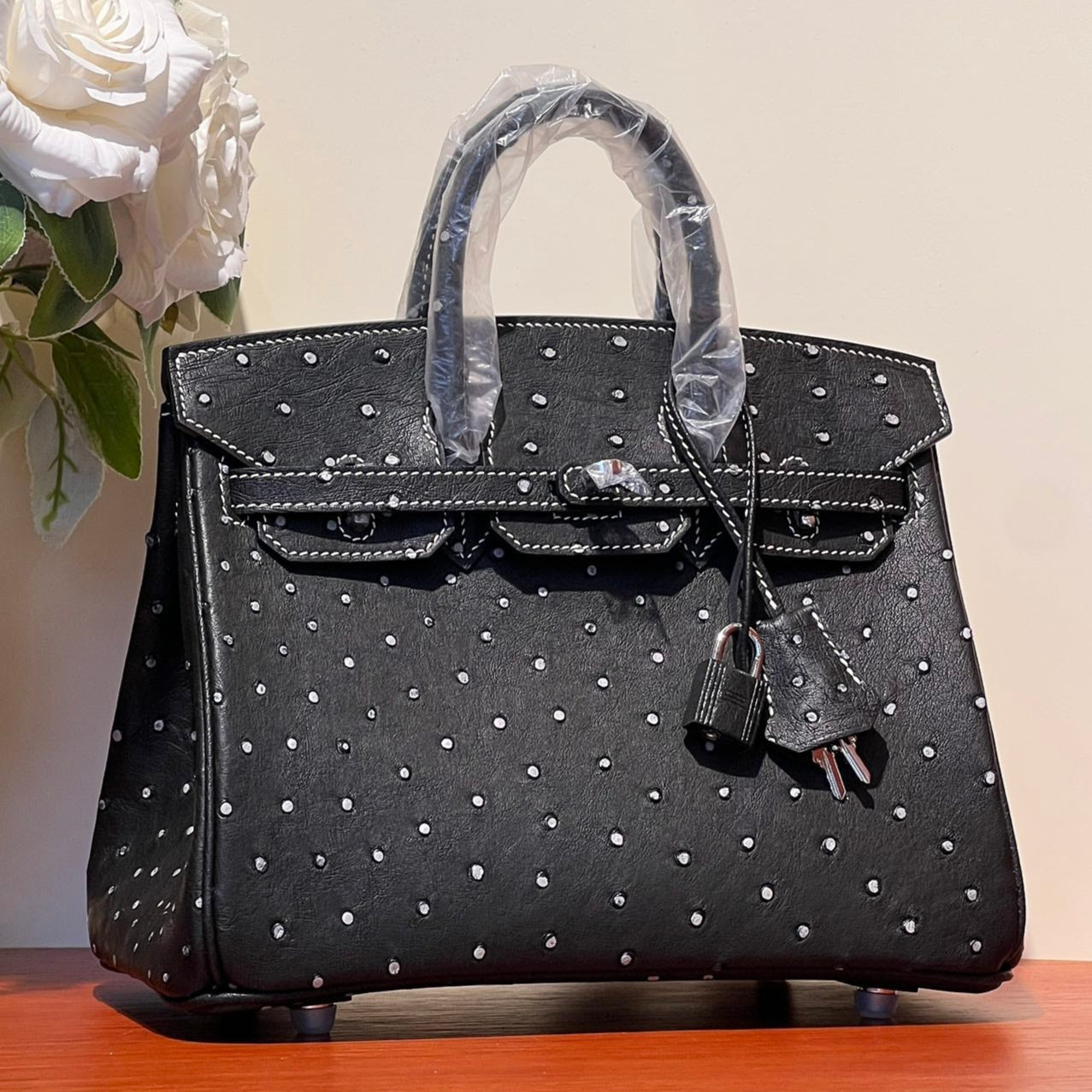 KELLY SELLIER 25 BAG IN BLACK OSTRICH LEATHER WITH WHITE RHINSTONES (MADE - TO - ODER)
