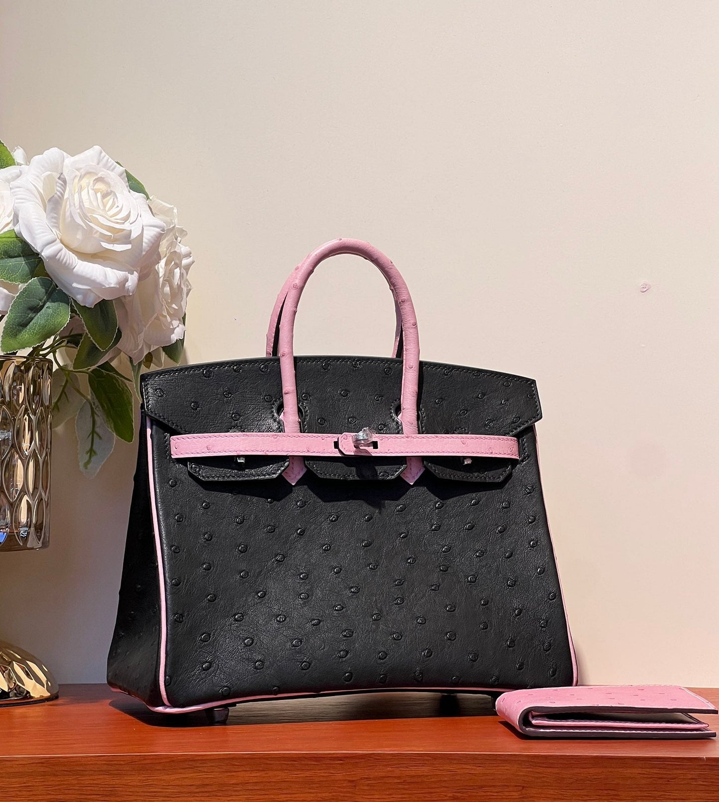 KELLY SELLIER 25 BAG IN BLACK MIX BABY PINK OSTRICH LEATHER (MADE - TO - ODER)
