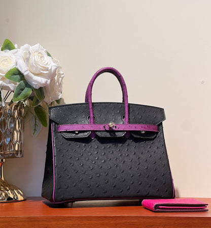 KELLY SELLIER 25 BAG IN BLACK MIX ORCHID PURPLE OSTRICH LEATHER (MADE - TO - ODER)