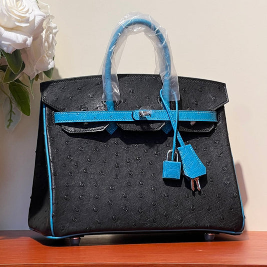 KELLY SELLIER 25 BAG IN BLACK MIX OCEAN BLUE OSTRICH LEATHER (MADE - TO - ODER)