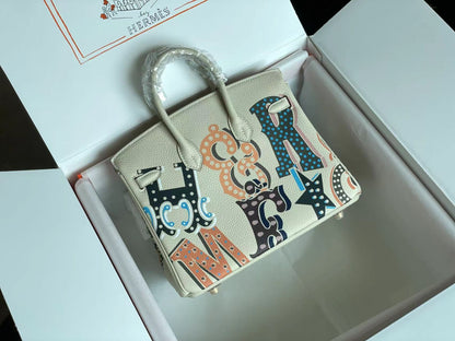 BIRKIN 25 BAG IN WHITE CREAM CALFSKIN WITH COLORFUL STICKER (MADE - TO - ODER)