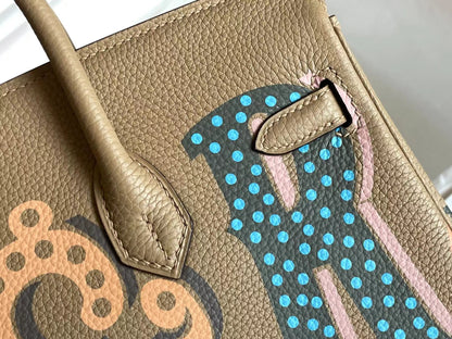 BIRKIN 25 BAG IN PEANUT BROWN CALFSKIN WITH COLORFUL STICKER (MADE - TO - ODER)