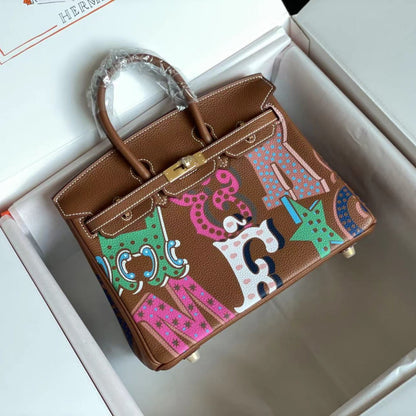 BIRKIN 25 BAG IN CHOCOLATE BROWN CALFSKIN WITH COLORFUL STICKER (MADE - TO - ODER)