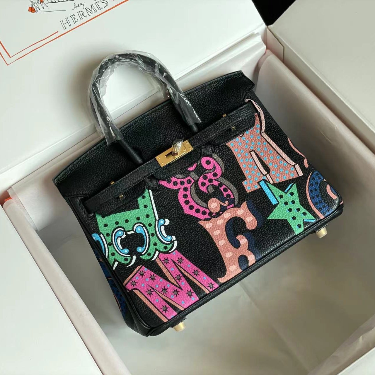BIRKIN 25 BAG IN BLACK CALFSKIN WITH COLORFUL STICKER (MADE - TO - ODER)