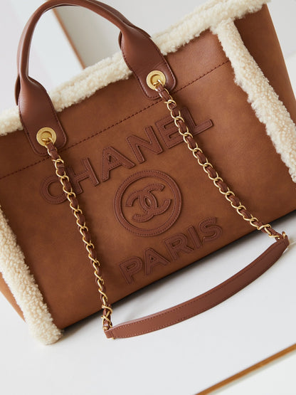 CC Shopping Bag 32cm Brown Beige Sherling Lambskin