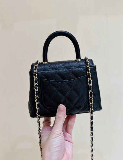 CC 24K Coco Hanle Nano 18cm Black Grained Calfskin Gold Hardware