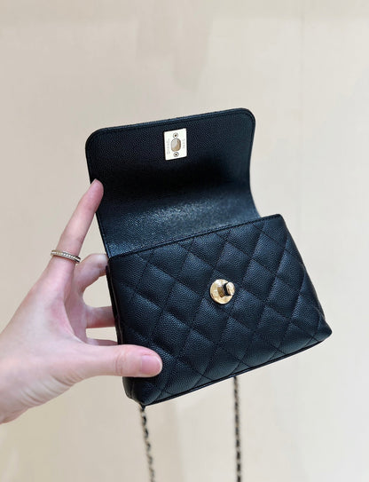 CC 24K Coco Hanle Nano 18cm Black Grained Calfskin Gold Hardware
